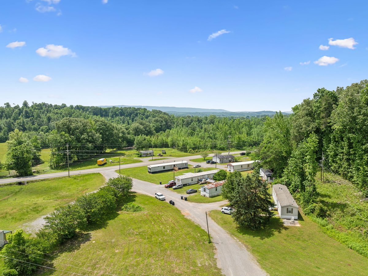 Aerial view of the community's ten pads from the east